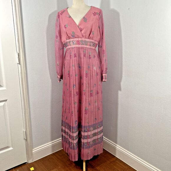 Vtg Shaheen‎ Long Maxi Dress Womens 14 Pink Pleated Babydoll Fairy Vacation